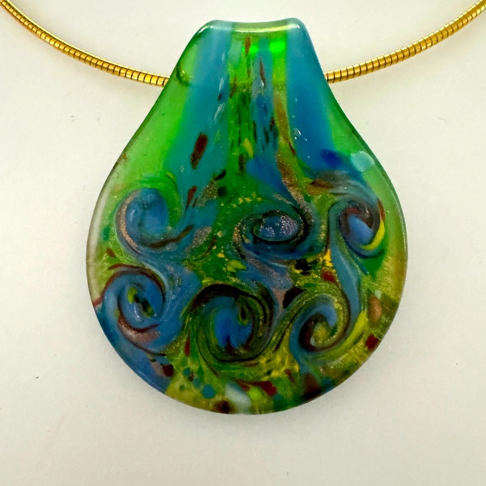 Glass piece Swirls of Green and Blue on a 16” necklace